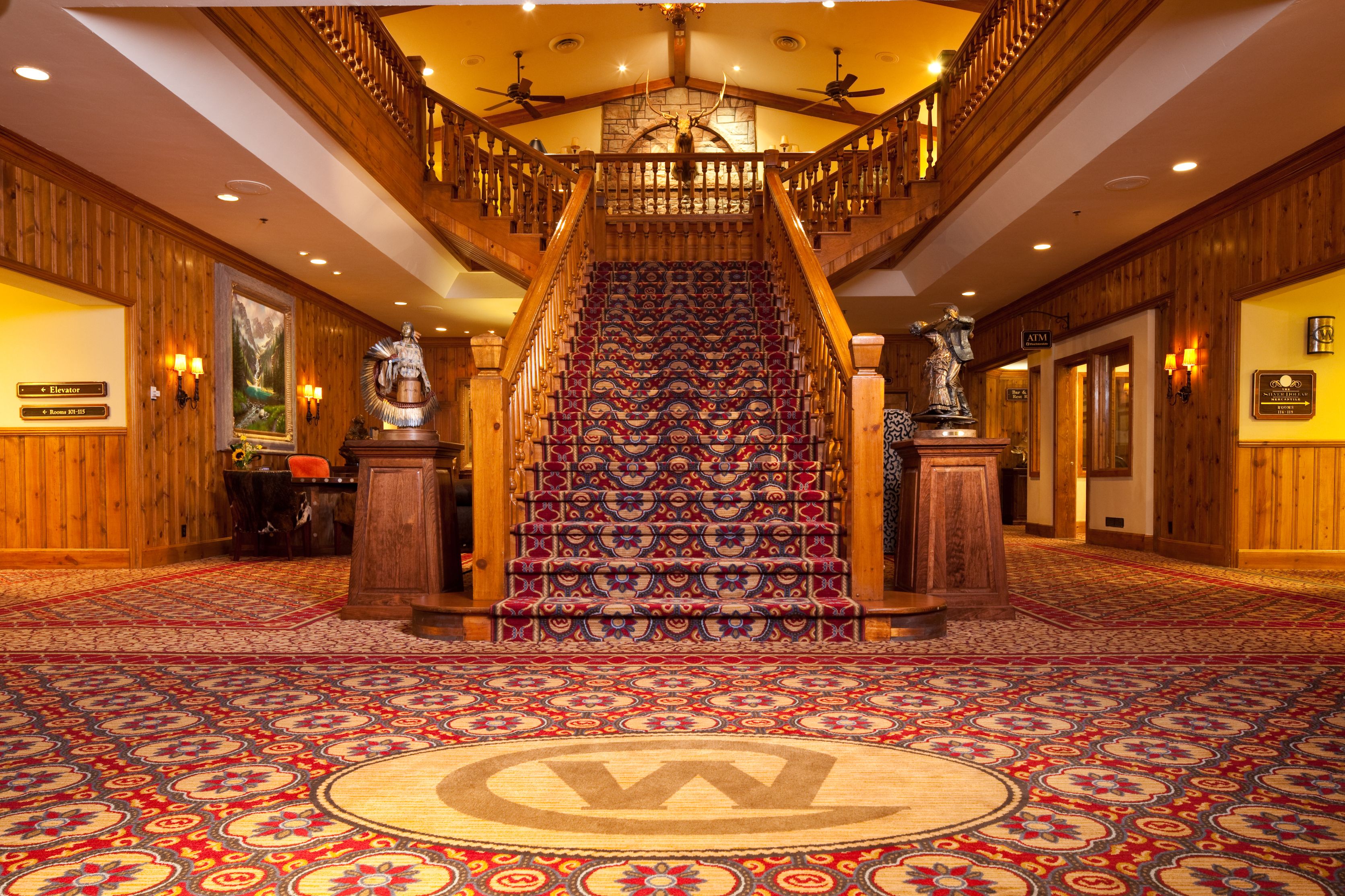 Image of the lobby staircase at The Wort Hotel, a member of Historic Hotels of America since 2002, located in Jackson Hole, Wyoming